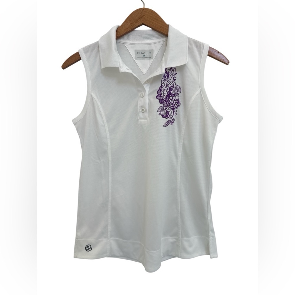 Chase 54 Women White Sleeveless Golf Polo Shirt Top Summer Casual